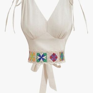 Embroidered Cream Tie-Back Top